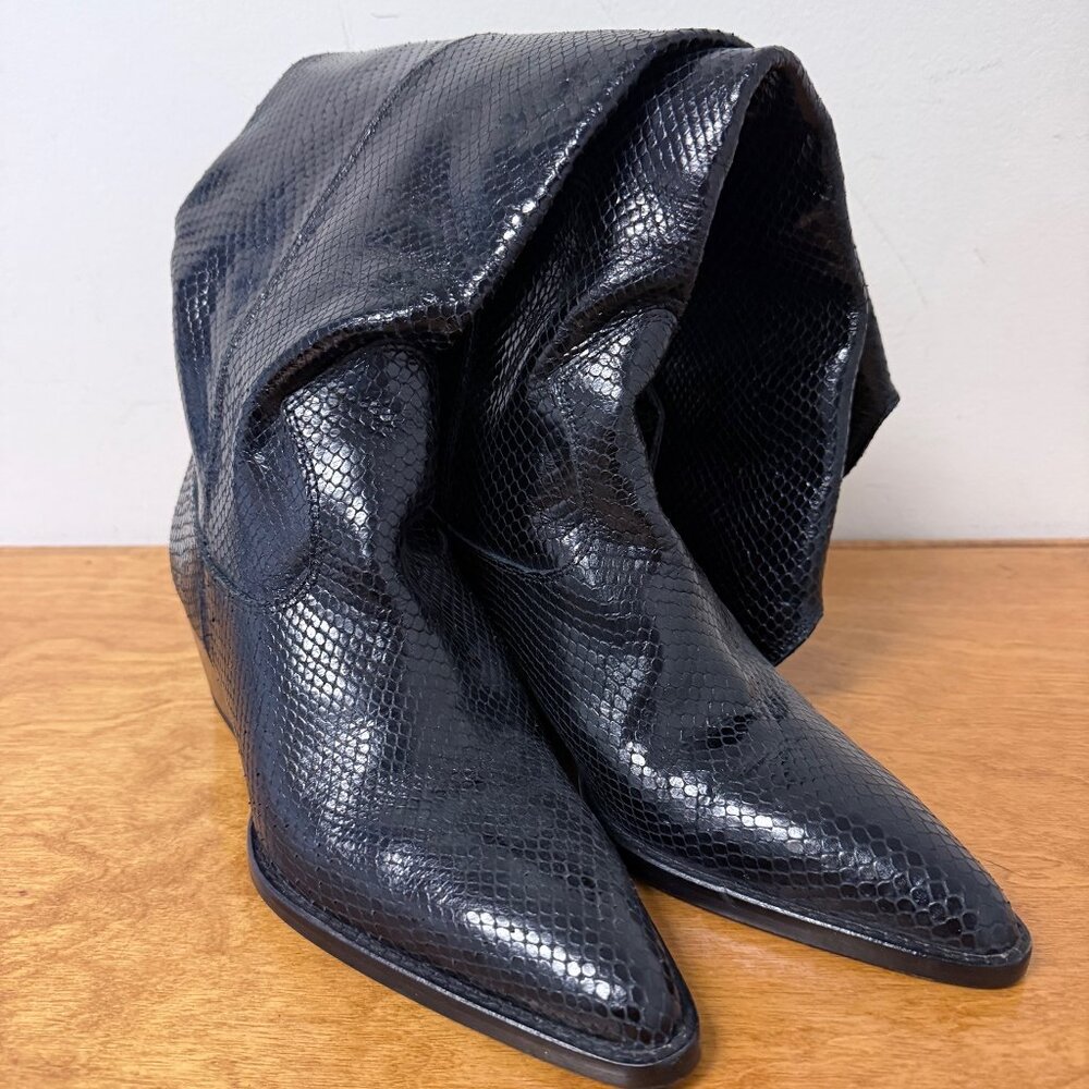 Zara Black Snake Embossed Knee High Boots Pointed Toe Block Heel EU 41 US 10